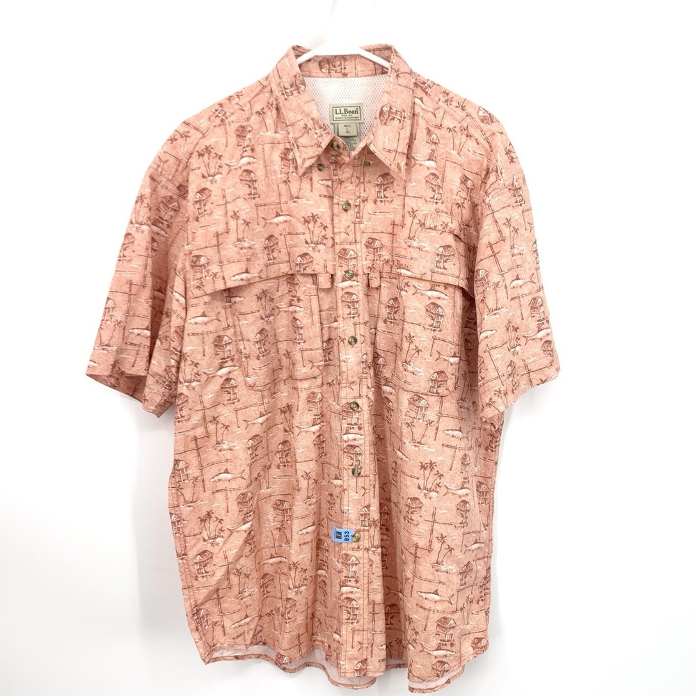 LL Bean Men Size Large Shirt‎ Button Down Top Short Sleeve Pink Fish Tropical